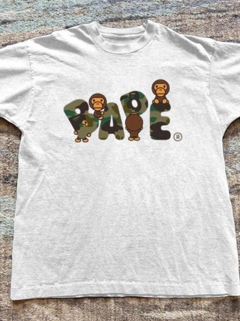 Gildan White Tee with Camo 'BAPE' Monkey Graphic